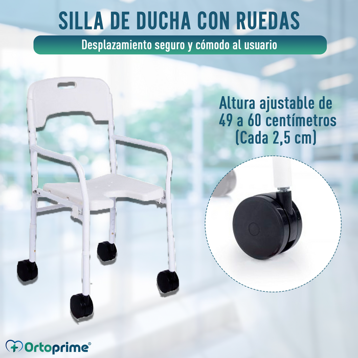 Silla de Ducha con Ruedas y Altura Regulable | Plegable