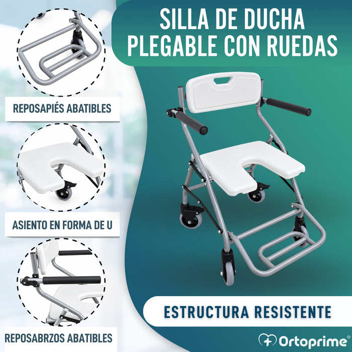Silla de Ducha y Baño Plegable con Ruedas | Asiento U Higiénico