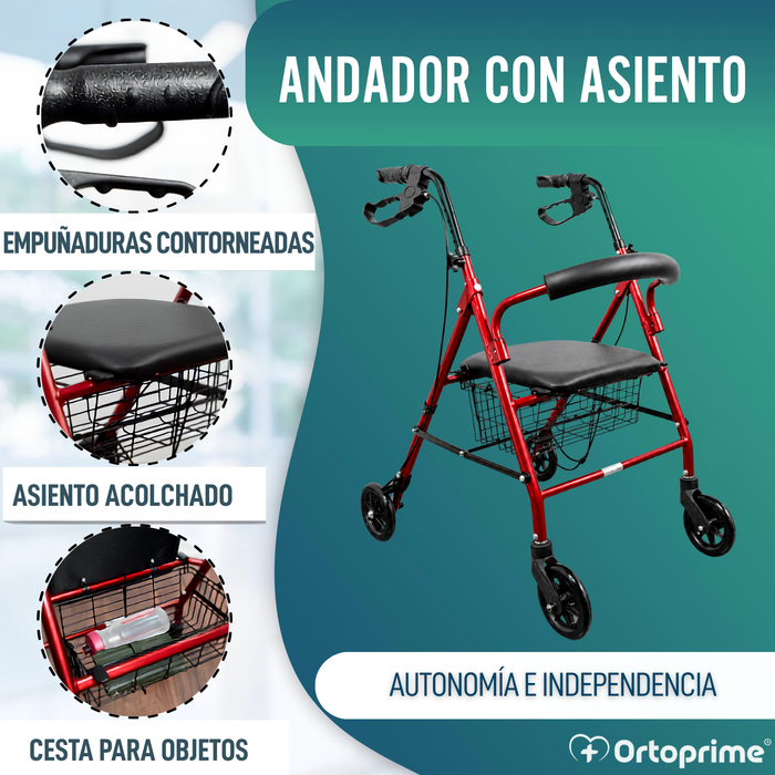 Andador Rollator de Aluminio con Frenos Maneta y Asiento Acolchado