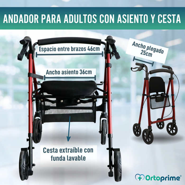 Andador Rollator con Asiento Regulable en Altura Plegable