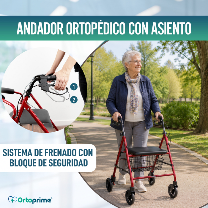 Andador Rollator de Aluminio con Frenos Maneta y Asiento Acolchado
