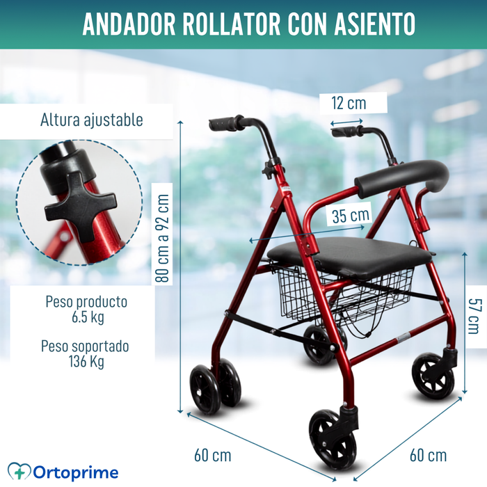 Andador Rollator de Aluminio con Freno a la Carga y Asiento Acolchado