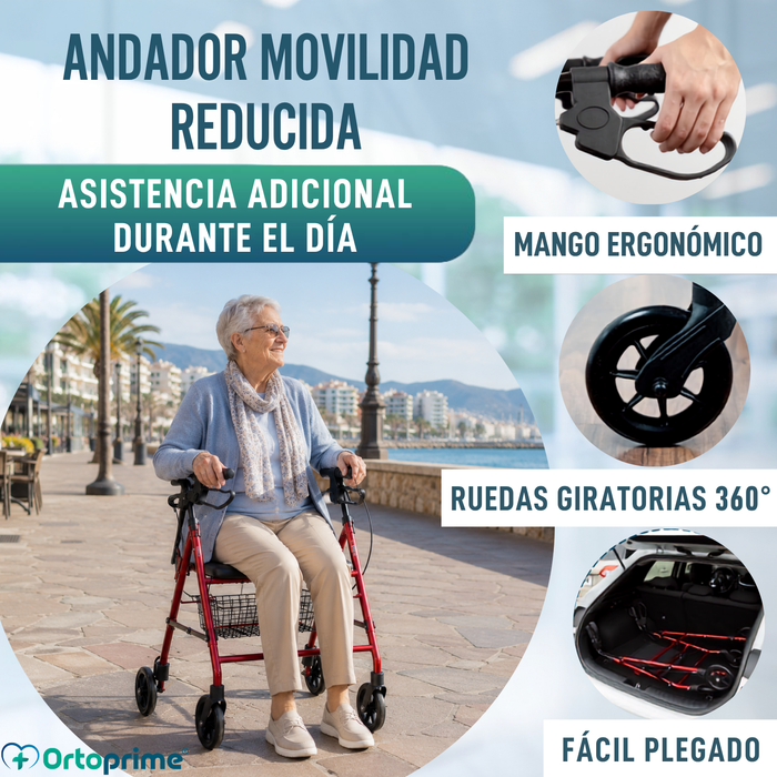 Andador para Ancianos Plegable Cuatro Ruedas | Freno Maneta Asiento Cesta