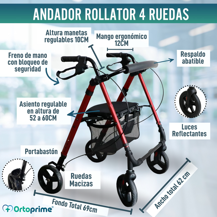 Andador Rollator con Asiento Regulable en Altura Plegable