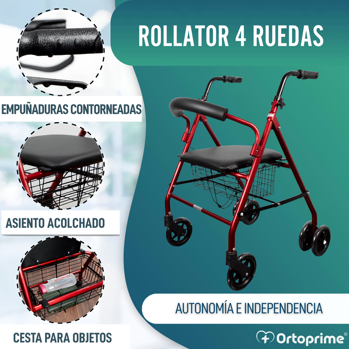Andador Rollator de Aluminio con Freno a la Carga y Asiento Acolchado