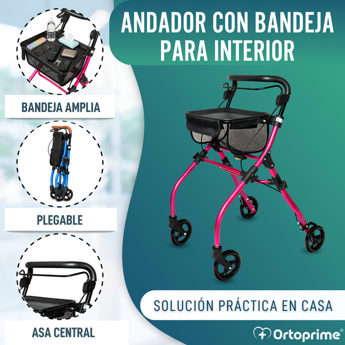 Andador Rollator Plegable de Interior con Bandeja Portaobjetos