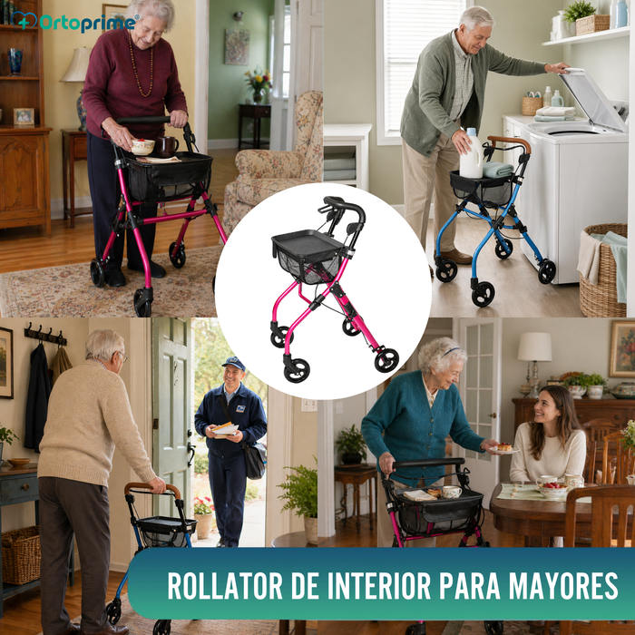 Andador Rollator Plegable de Interior con Bandeja Portaobjetos