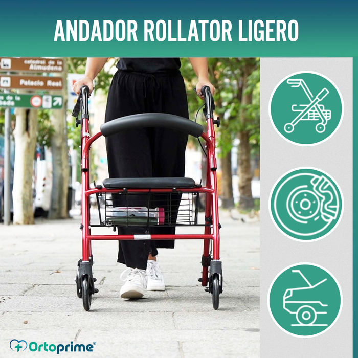Andador Rollator de Aluminio con Frenos Maneta y Asiento Acolchado