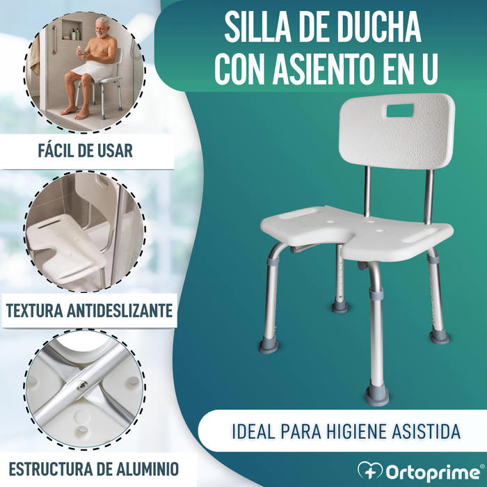 Silla de Ducha para Mayores Asiento en U y Altura Regulable