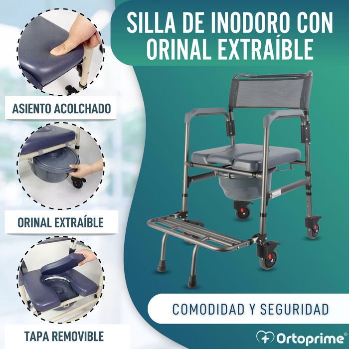 Silla WC Plegable con Ruedas | Inodoro con Orinal Portátil